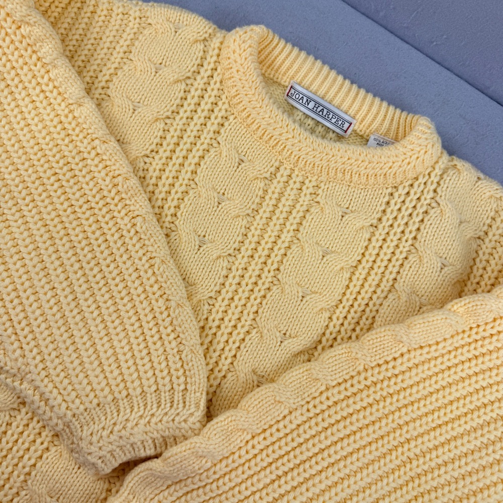 Vintage Joan Harper Pastel Yellow Cable Knit Chunky Sweater Small Fisherman 80s